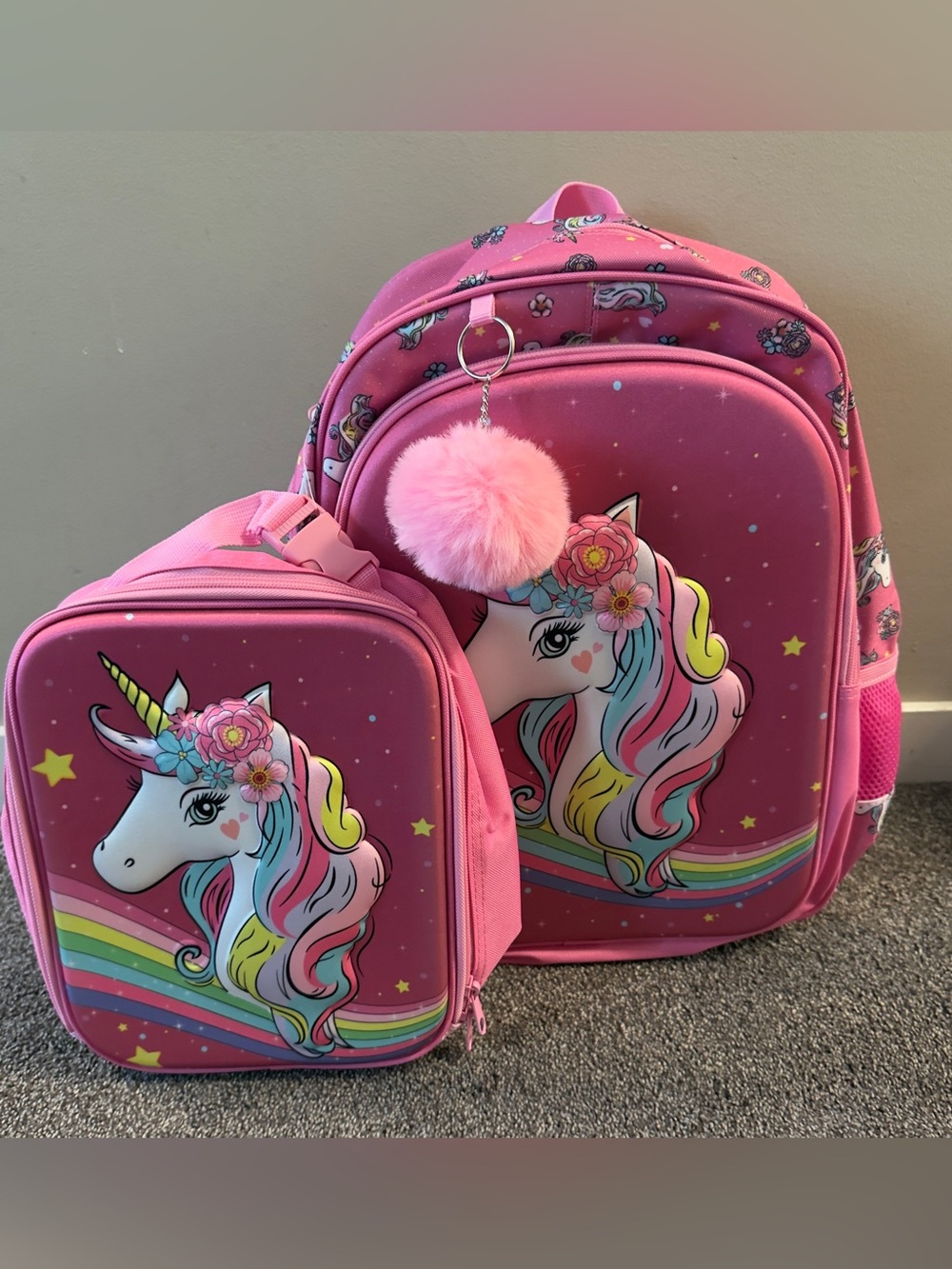Unicorn Kids Backpack and Lunchbox Set - with Pom Pom Charm- New